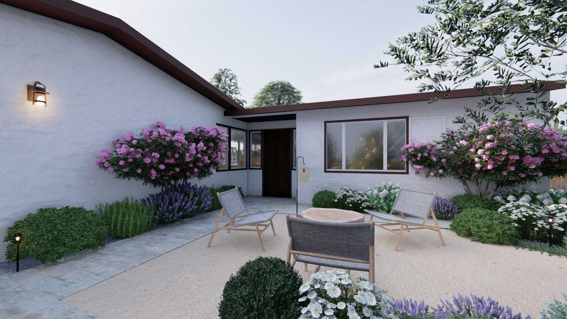  Tall Bougainvilleas break up the blank expanse of the exterior walls, and help the planting design to compete with the vertical scale of the house. 