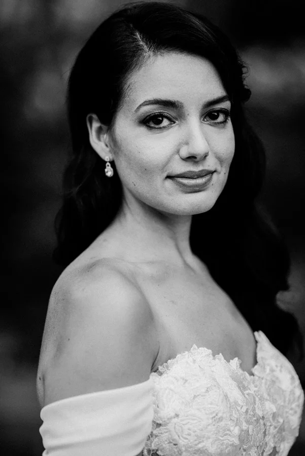 Black and white portrait of bride.