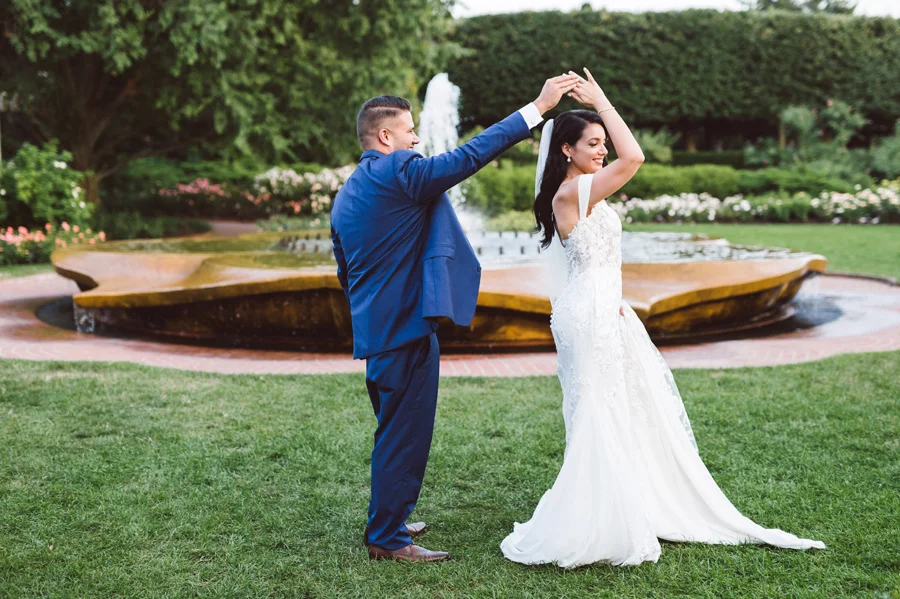 Bride and groom in Rose Garden at Chicago Botanic Garden.