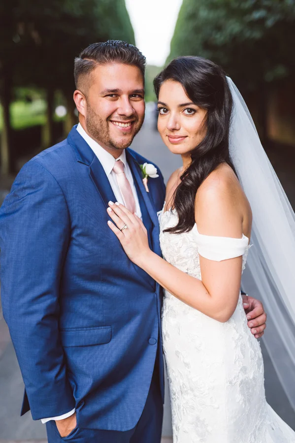 Bride and groom in Rose Terrace at Chicago Botanic Garden.