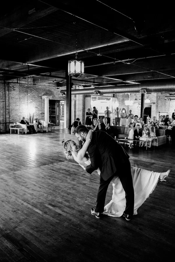 Bride and groom first dance at Salvage One.