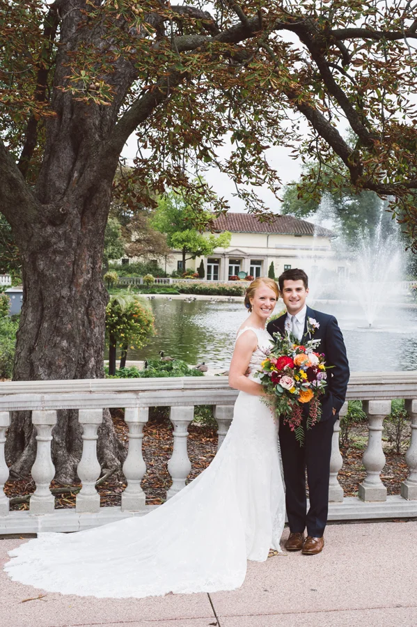 Portrait of bride and groom at Brookfield Zoo.