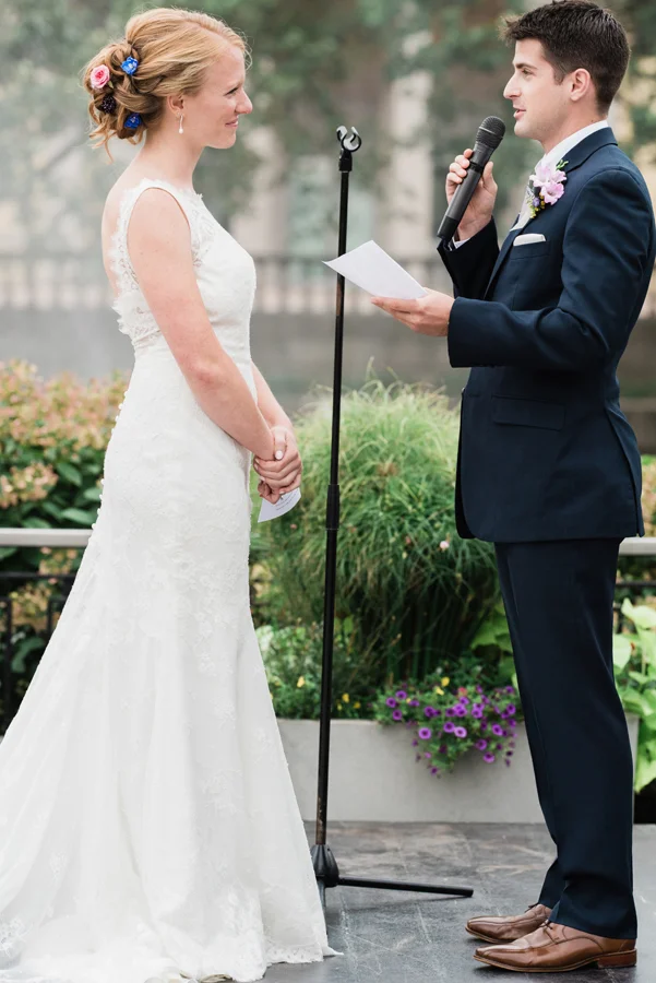 Wedding ceremony at Brookfield Zoo formal pool.