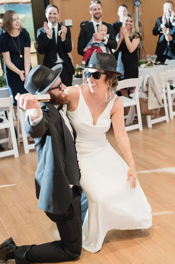Blues brothers intro of bride and groom.