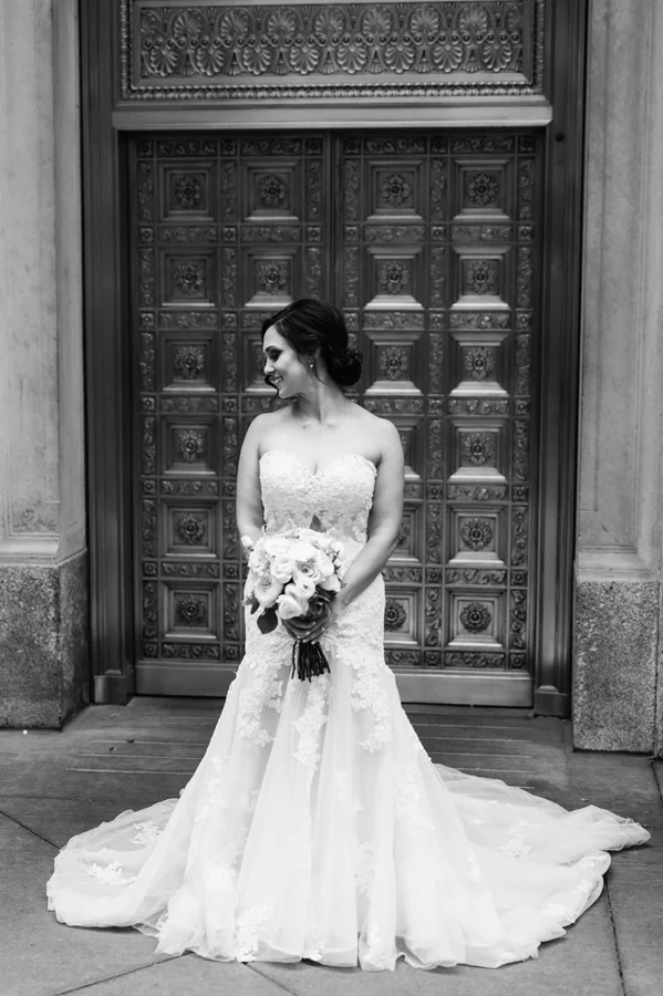 Black and white portrait of bride.