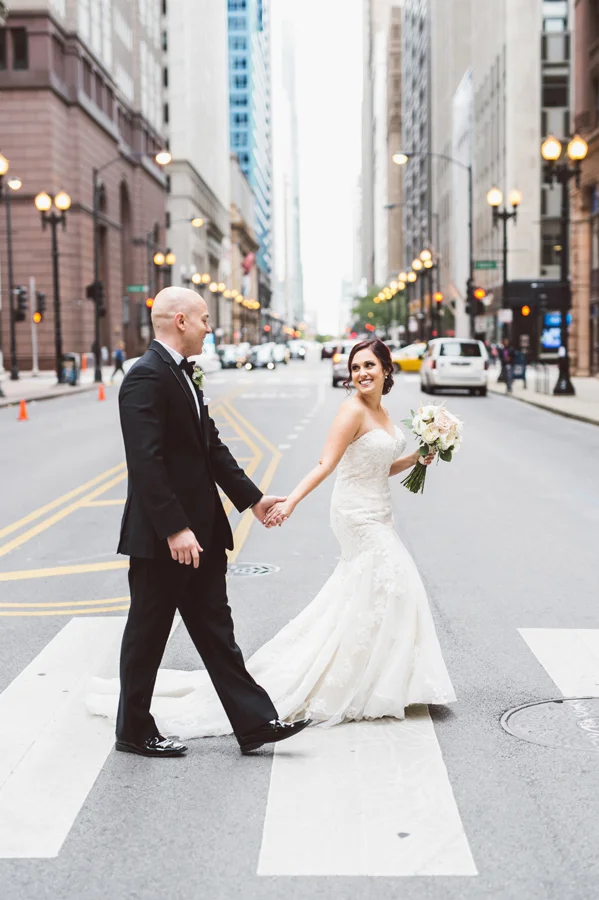 Bride and groom downtown Chicago.