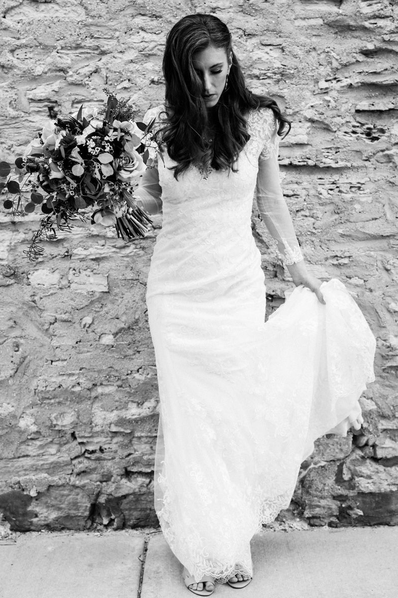 Black and white portrait of bride.