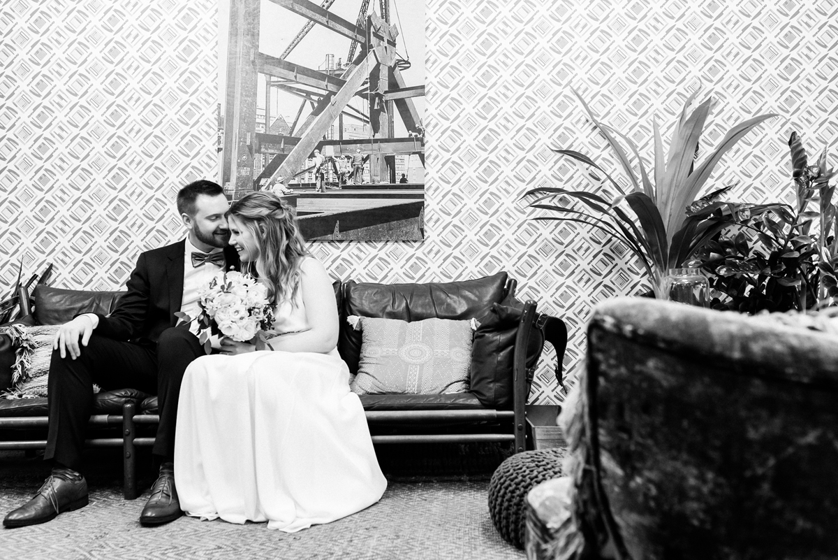 Bride and groom hand out at the spot where they met.