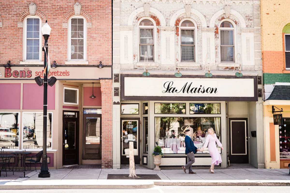 Downtown Valparaiso, Indiana. Engagement photography by Two Birds Photography. Classic, low-key, and natural. Serving Chicago and the suburbs.