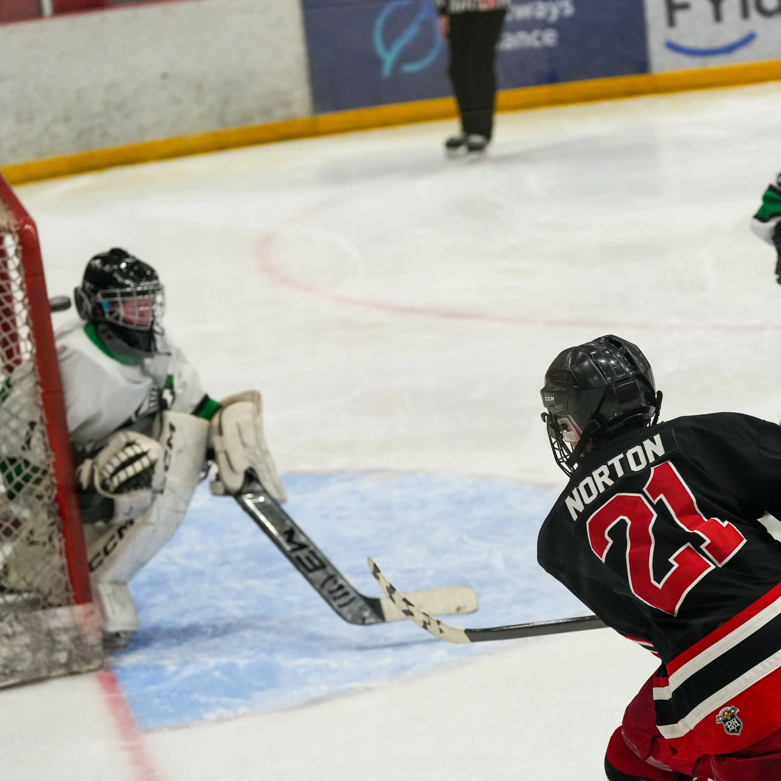 A hockey player in a red and black uniform on the ice rink, wearing protective equipment including a helmet with a face cage, stands near the goal crease. The goalie gear, including skates and gloves, is visible. The background features a part of the