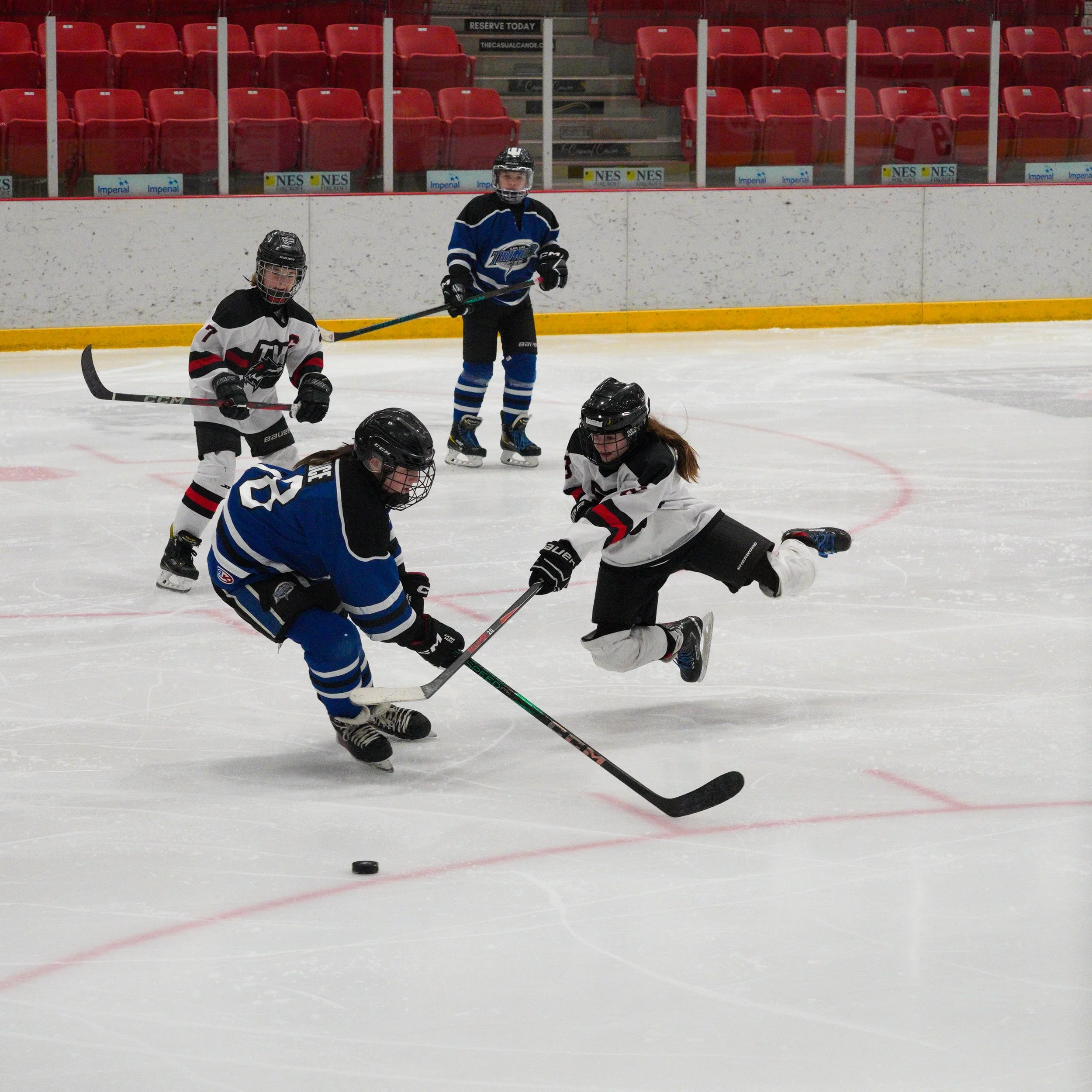 Two young hockey players, one in a blue jersey and one in a white jersey, are on an ice rink during practice or a game, with empty red seats in the background.