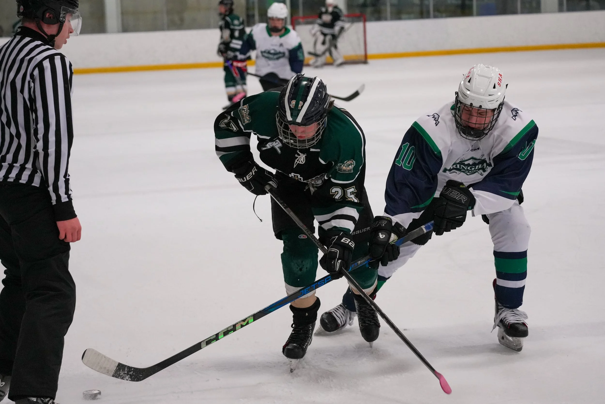 Two hockey players, one in a green and black uniform and the other in a white and green uniform, face off on the ice, with a referee watching nearby and a puck on the ice.