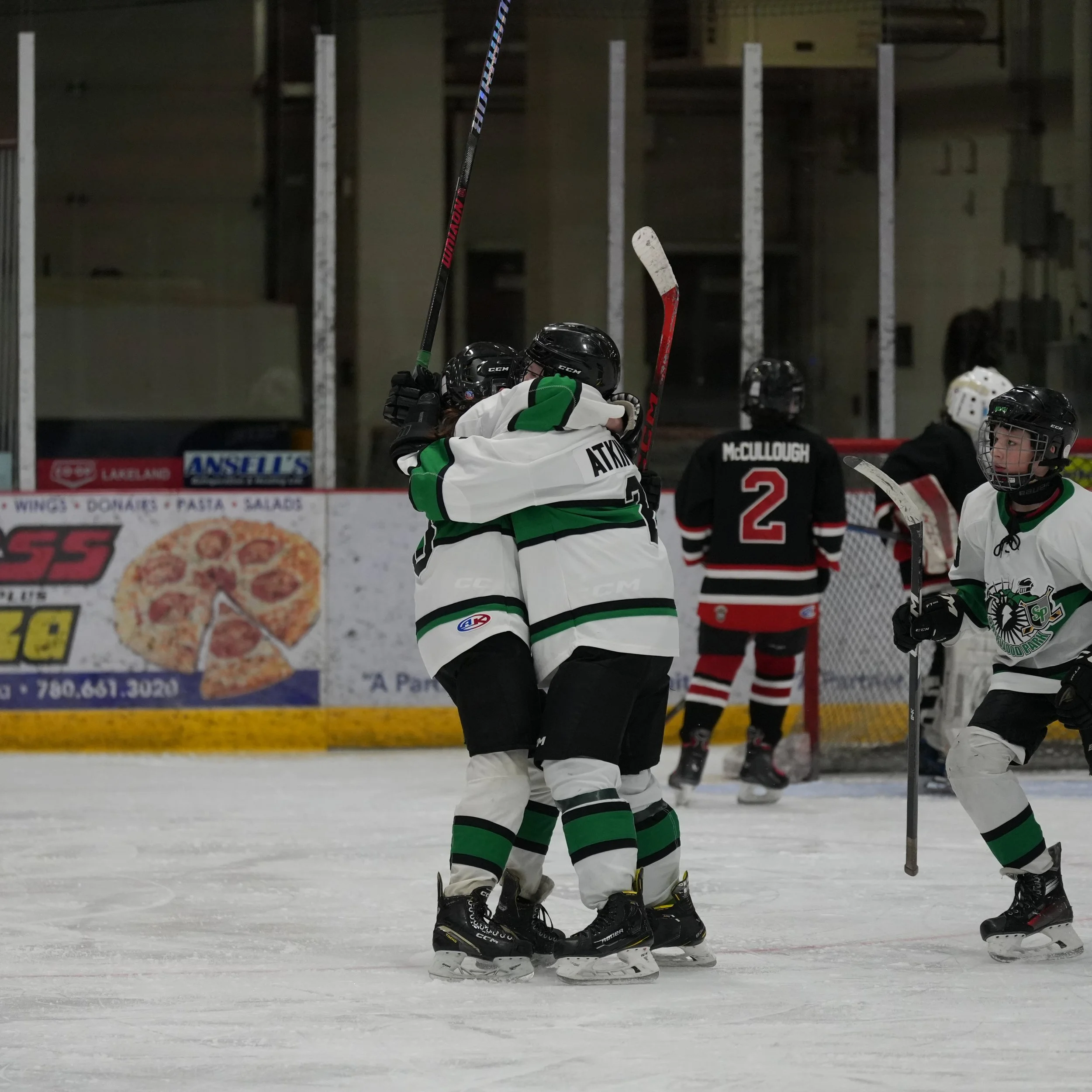 Hockey players celebrating on the ice rink, wearing black, white, and green jerseys.