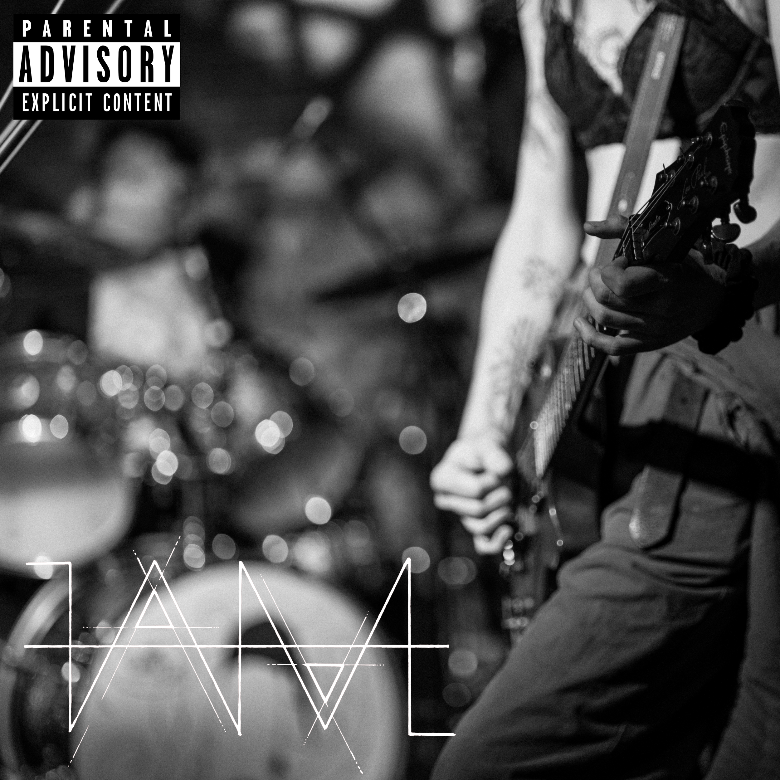 Black and white photo of a person playing an acoustic guitar with a focus on the guitar and hands. The background is blurred with bokeh lights. There are digital line graphs and the word "WAVE" overlaid on the image, giving a mix of musical and data 
