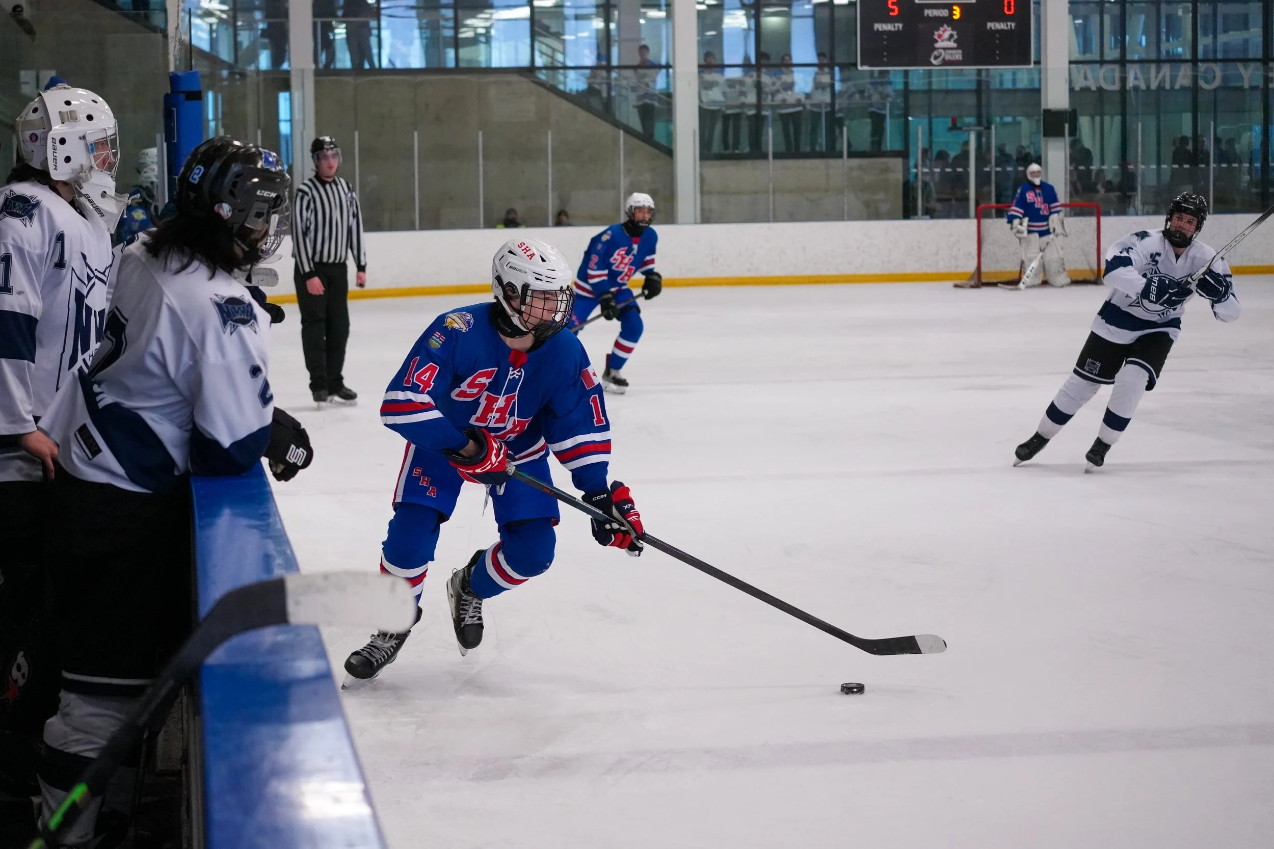 Hockey players on the ice during a game, with some players wearing white jerseys and others wearing blue jerseys, along with a referee and a goalie in the background.