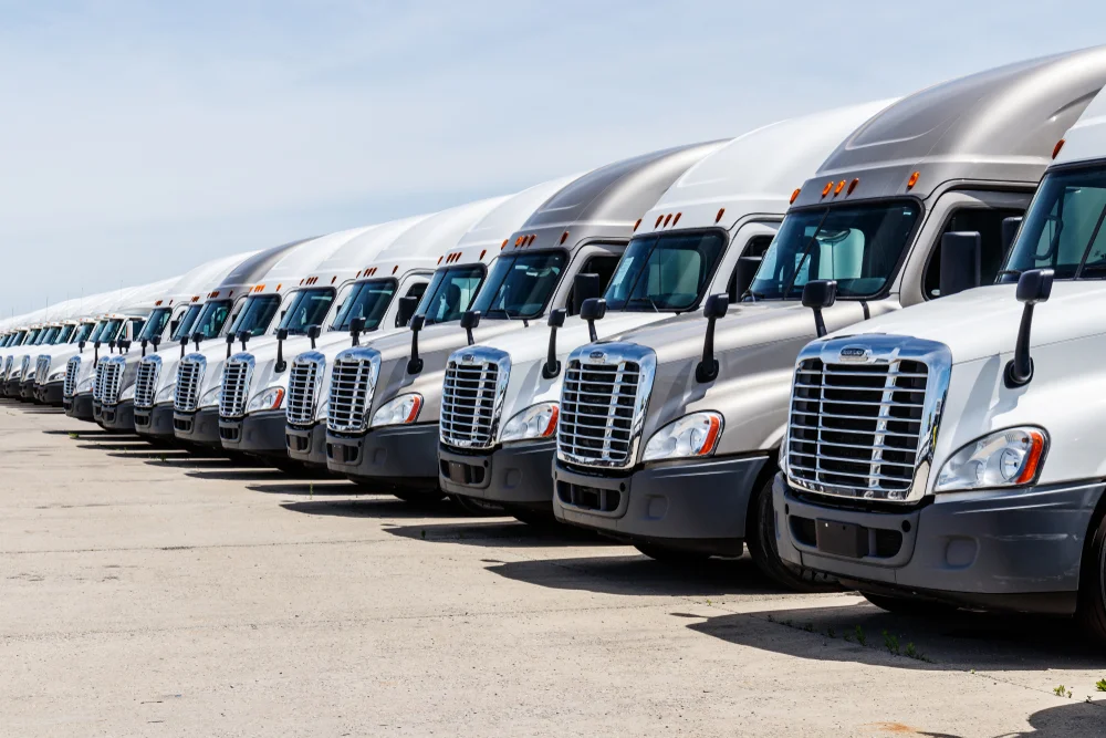 CIRCA JUNE 2018: FREIGHTLINER SEMI TRACTOR TRAILER TRUCKS LINED UP FOR SALE. FREIGHTLINER IS OWNED BY DAIMLER AG TRUCKS III. (PHOTO: SHUTTERSTOCK)
