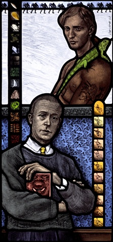 Menfolk: Coldstream Portrait of Sir William Coldstream in knitted sweater, and young man with lizard and unicorn tattoo.