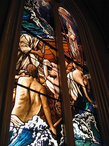 Jesus Stills the Storm 2002 Stained glass window in situ. Stained glass window, 25ft x 5ft (upper scene), Marble Collegiate Church, corner 5th Ave & 29th Street, Manhattan. To visit, call for hours (212) 686-2770