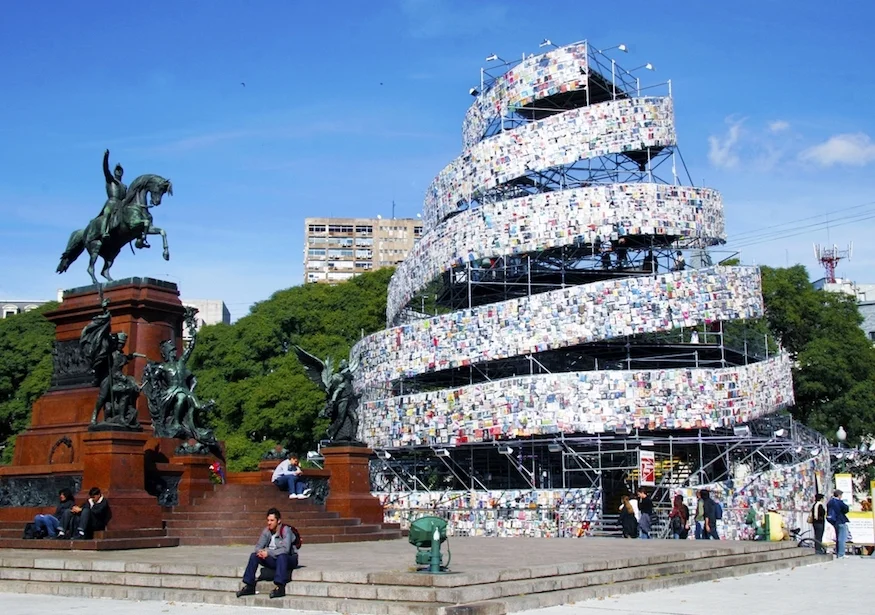 Tower of babel.Buenos aires, by marta minujin. 30,000 books in languages from around the world.