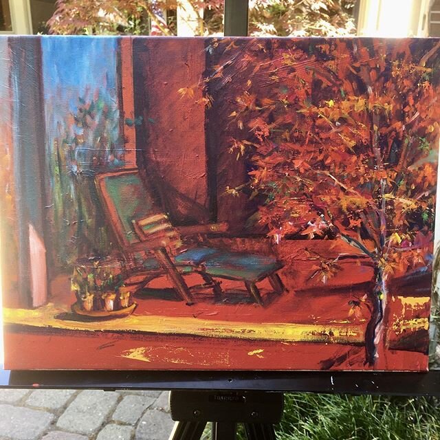 Painting studio for the day&mdash; my own backyard under the Japanese maple tree! I&rsquo;m staying at home.  I worked a lot with a palette knife on this one.
🎨
🎨
🧢
🍁
#paintout  #pleineairestudio #pleinairpainting  #pleinairartist  #pleinairemaga