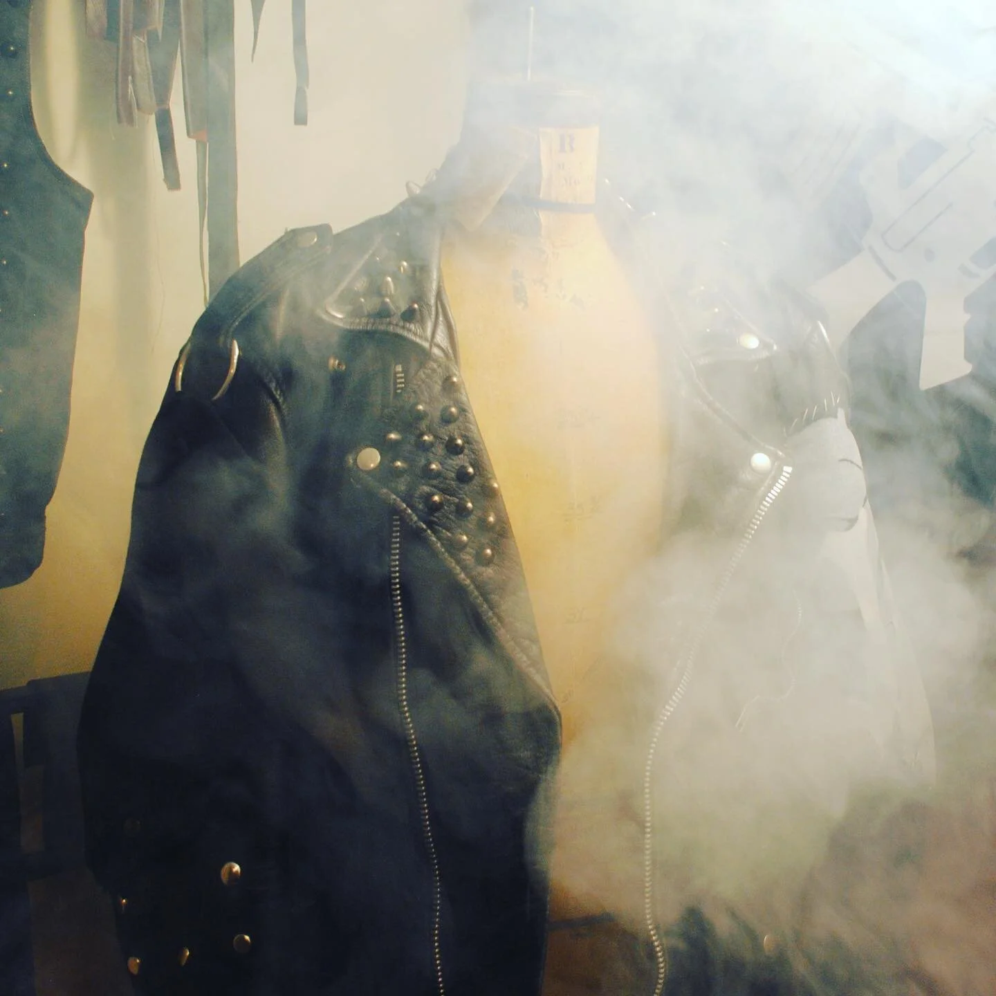 This is one of mine. Built in the basement of a church in Chicago, it is still a work in progress. Studding is all by hand with brass and chrome accents as per typical #battlejacket accoutrement. The draped black right sleeve was originally intended 