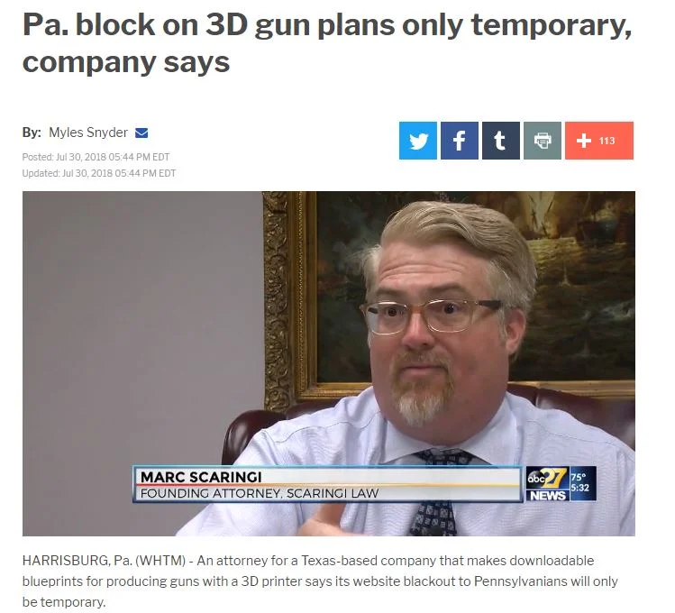 3-D Gun Printing Held Up in PA - Marc's Appearance on ABC 27