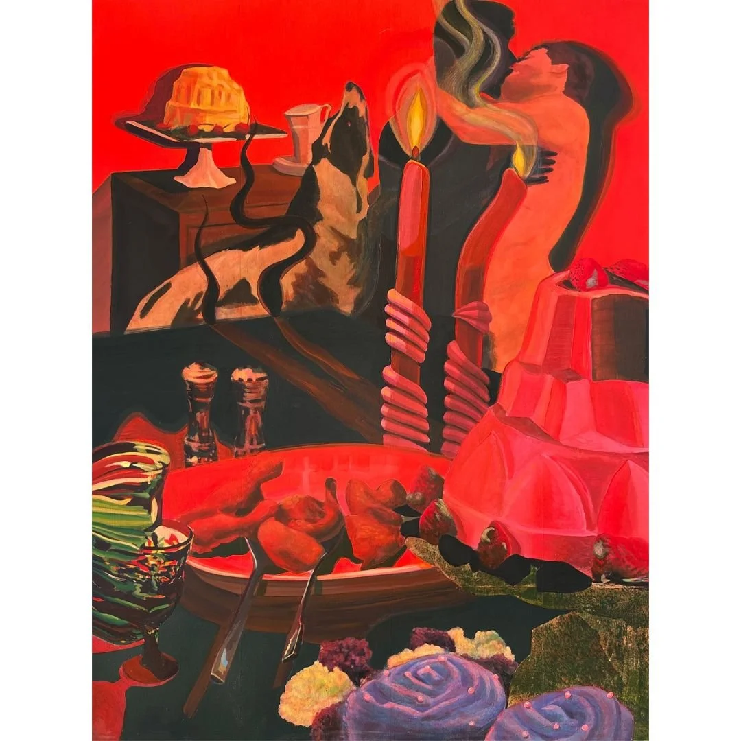 "You and Me Makes Three," acrylic, flashe, & Xerox transfer on panel, 30" x 40", 2024-2025