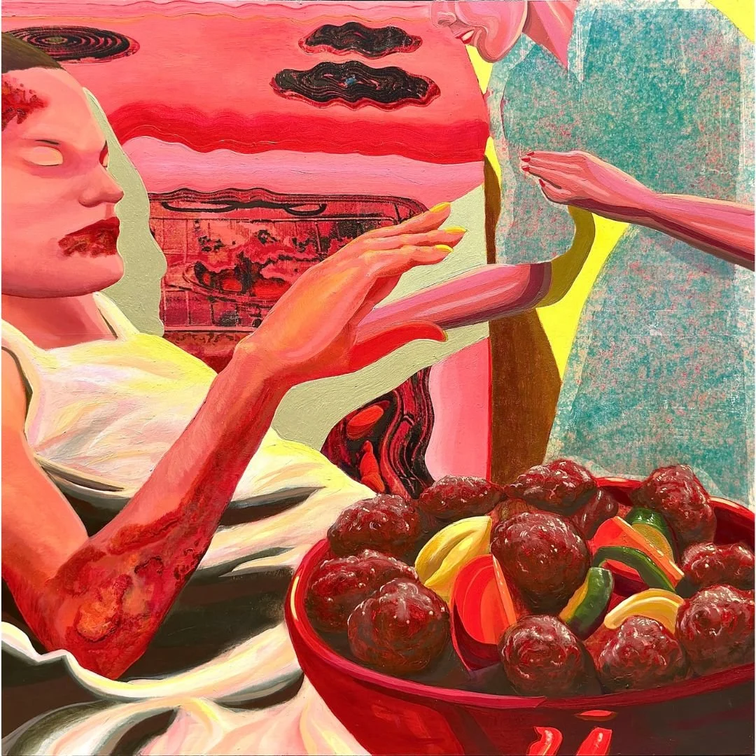 "Sister Don't Cry," acrylic, flashe, & Xerox transfer on panel, 26" x 26", 2024