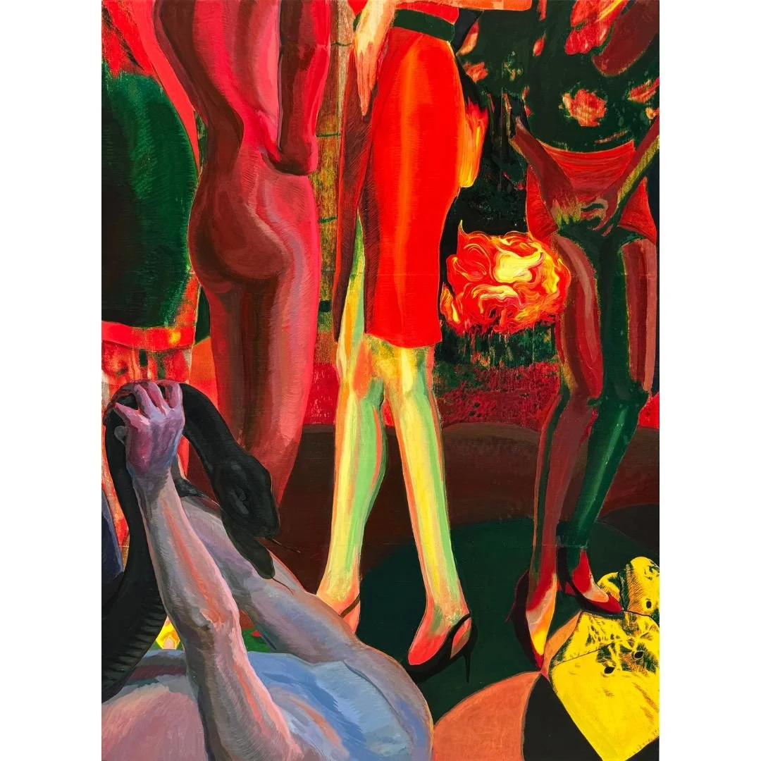 "Party Mystique & Her Pet," acrylic, flashe, & Xerox transfer on panel, 22" x 30", 2024