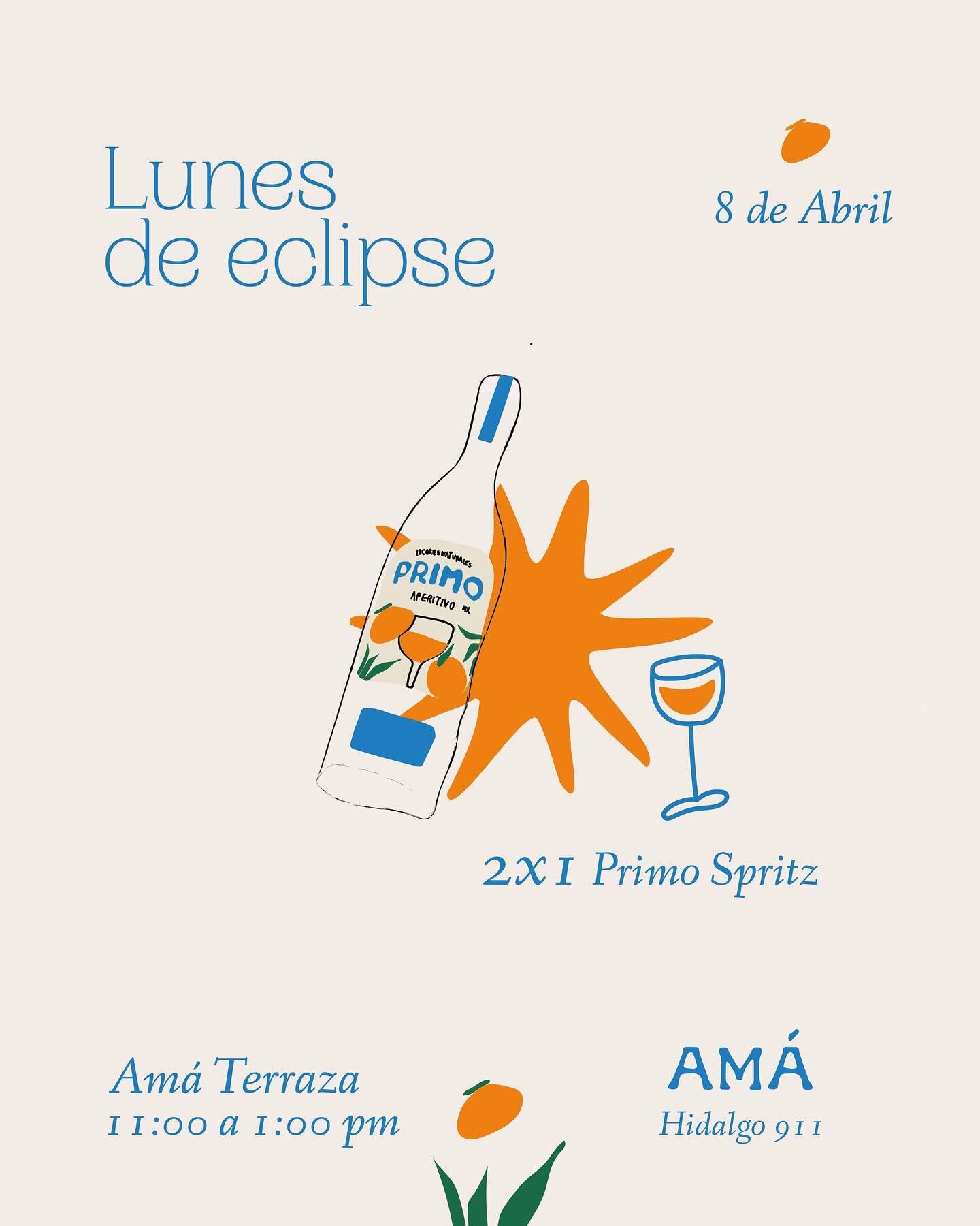 &iexcl;Lunes de eclipse! 🌅✨

&iexcl;Nos vemos este 8 de Abril! 

Disfruta de unos Primos Spritz mientras vemos el eclipse en Am&aacute; 🧡
