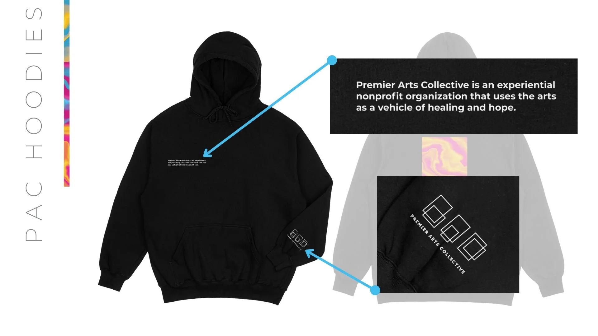 Graphic Hoodie Design with paragraph of text, contemporary urban street wear, minimalist design.