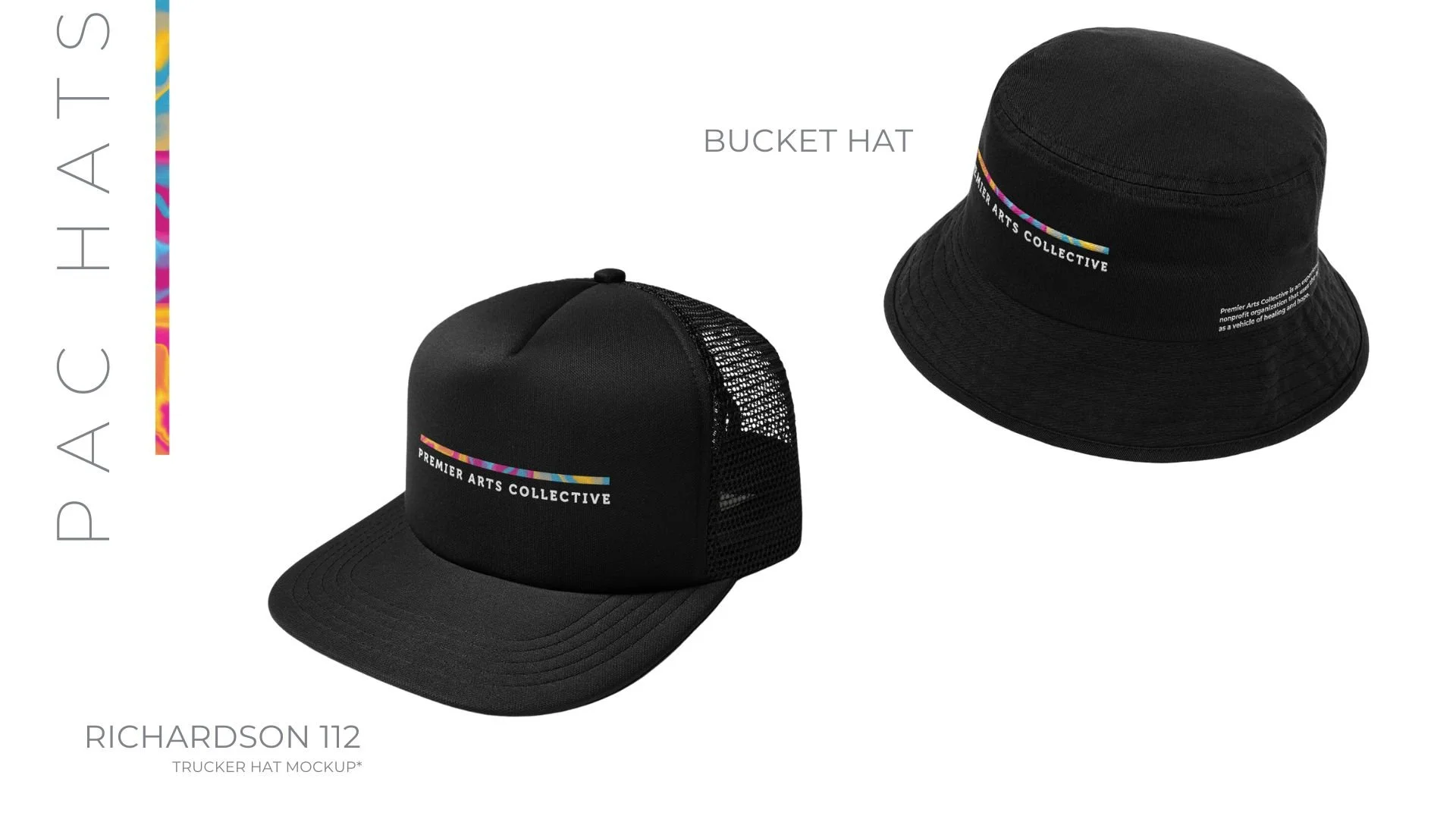 Richardson 112, Trucker, and Bucket Hat Design inspired by abstract expressionism, urban street wear, and retro futurism, bold minimalism, and street art.
