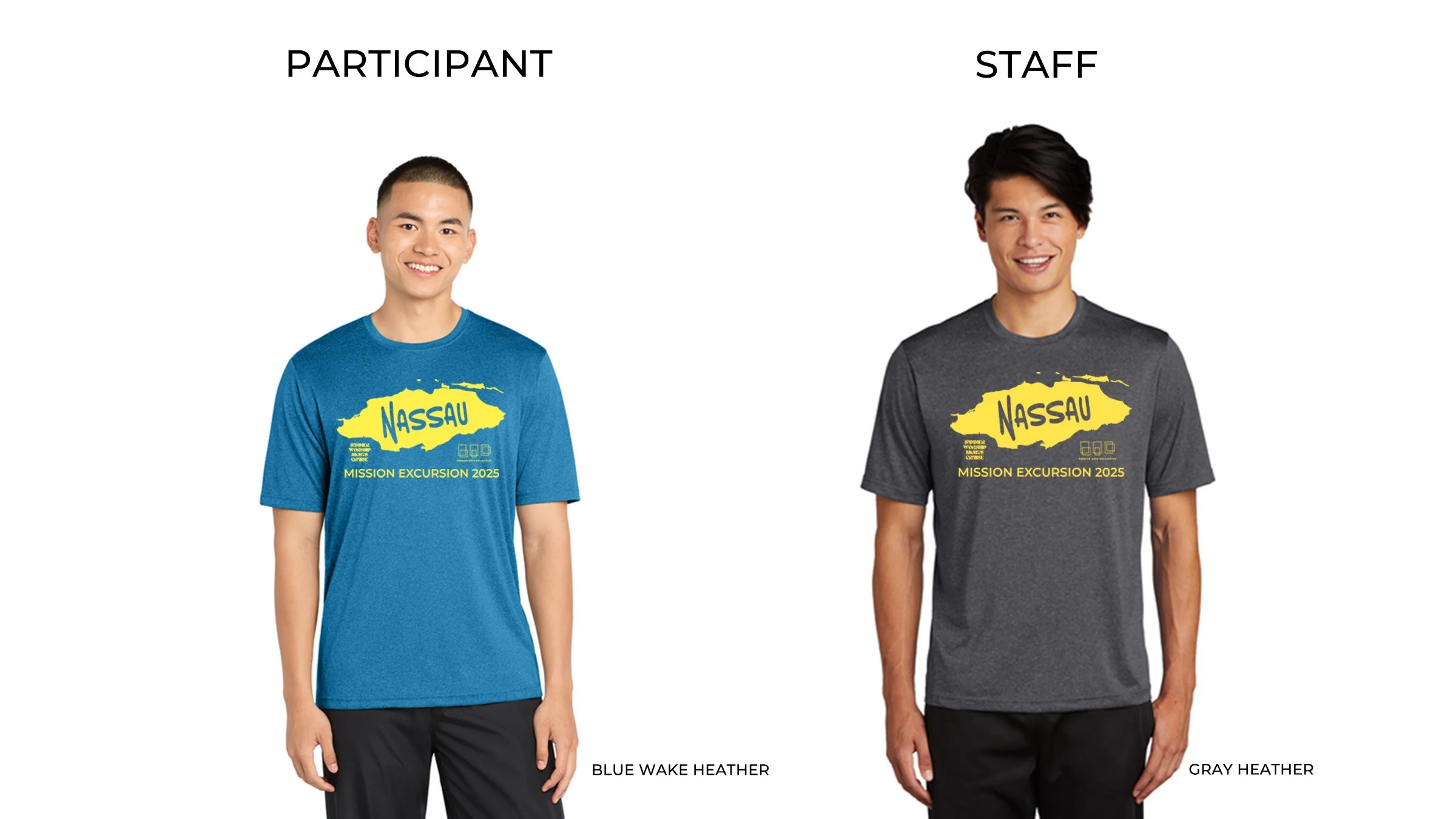 Two Men in shirts for Summer Worship Night Mission Trips with graphic depicting a design of the island of Nassau.
