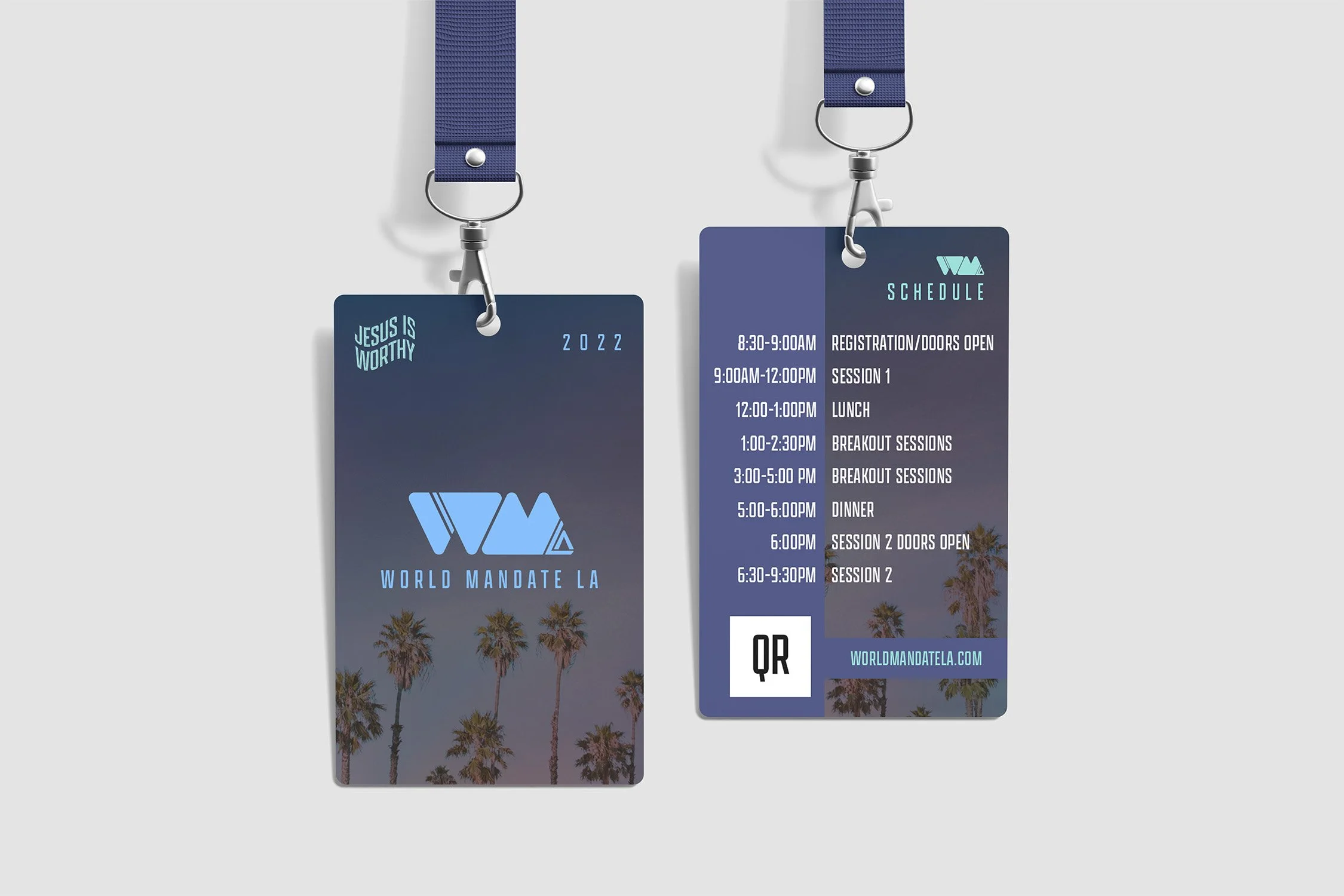 Event badges with blue lanyards displaying schedule details for the World Mandate LA conference, held in 2022, with palm trees at sunset in the background.
