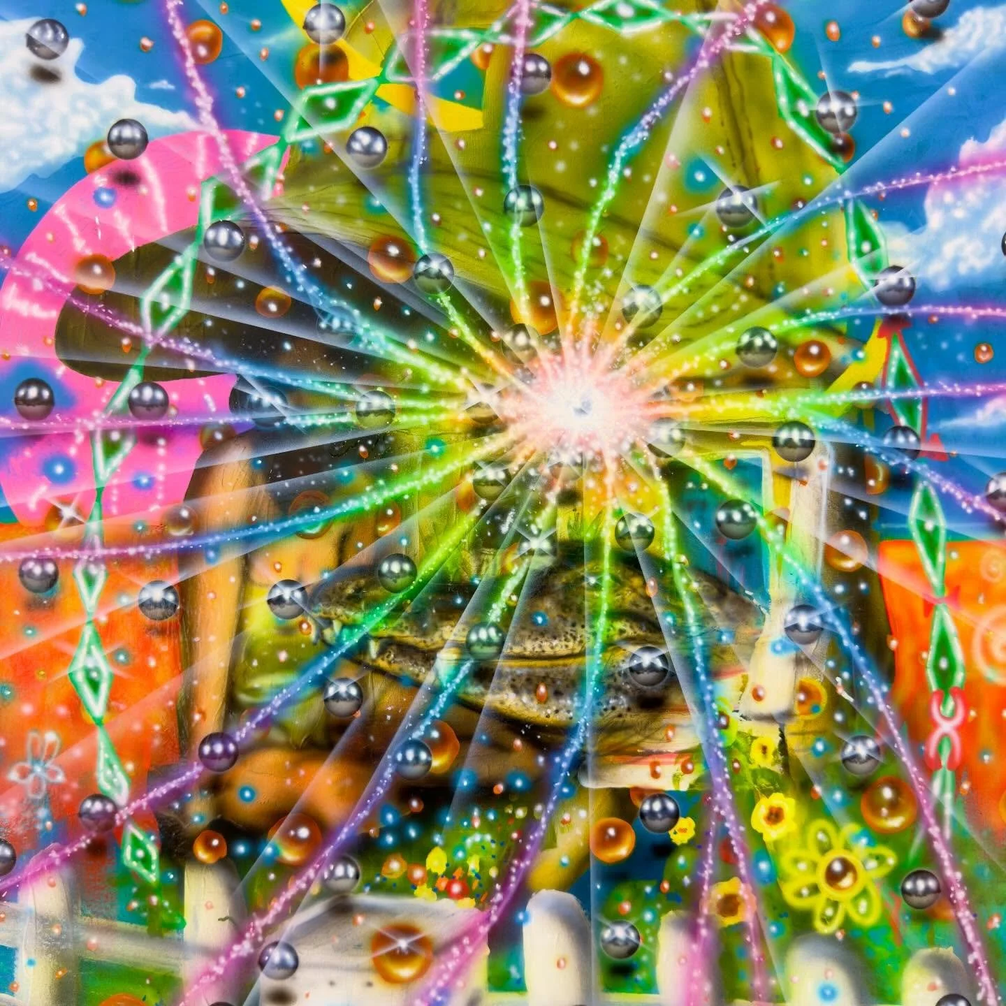 A White Picket Fence and Pumpkin Spice Ayahuasca 
16x16&rdquo;
Acrylic on panel 

I do not own a white picket fence nor am I on ayahuasca. However, my right leg is falling asleep because it&rsquo;s balanced on a bucket while my cat takes a nap on it.