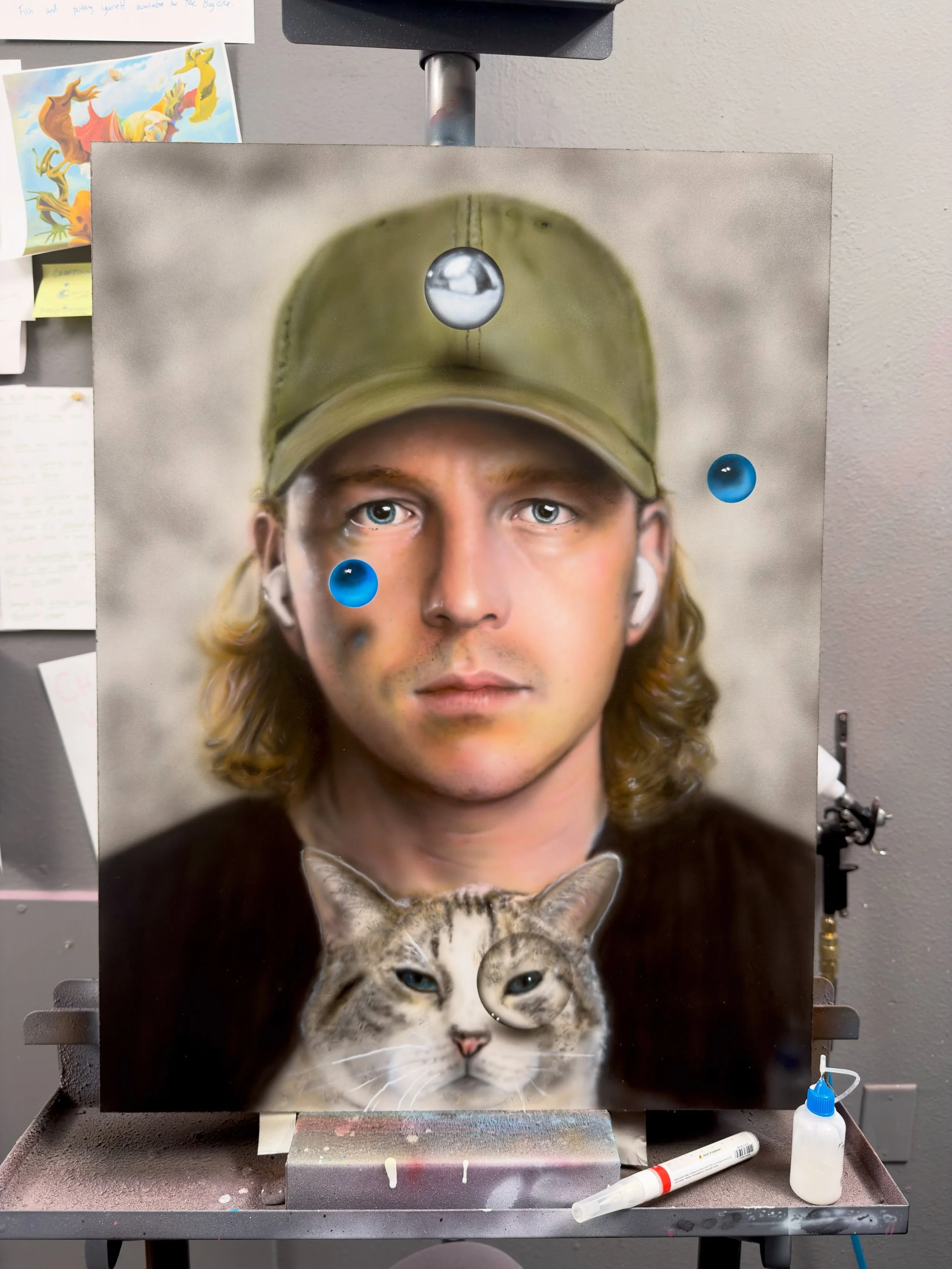 Annual self-portrait holding the cat 

18x24&rdquo;
Acrylic on hardboard