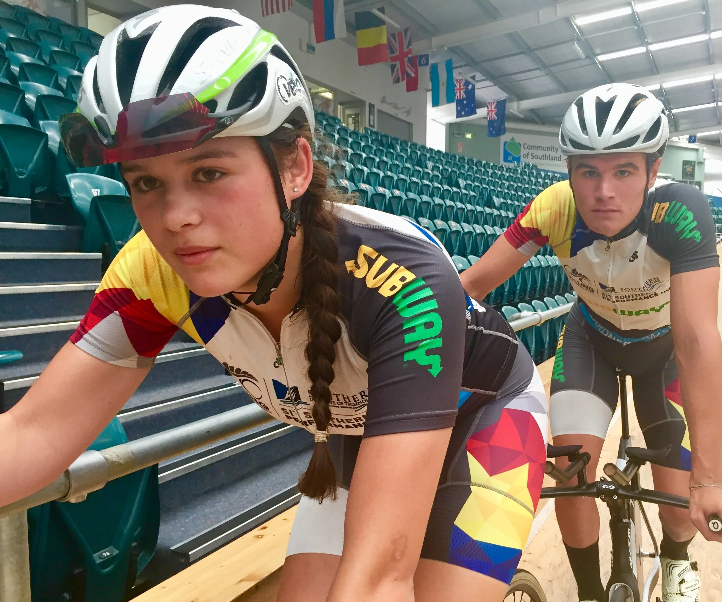 Cycling NZ Southern Performance Hub riders Helena Rikiti and Hamish Keast prepare for some last-minute training ahead of the ILT New Track Carnival to be held at the SIT Zero Fees Velodrome in Invercargill on Friday and Saturday nights.
