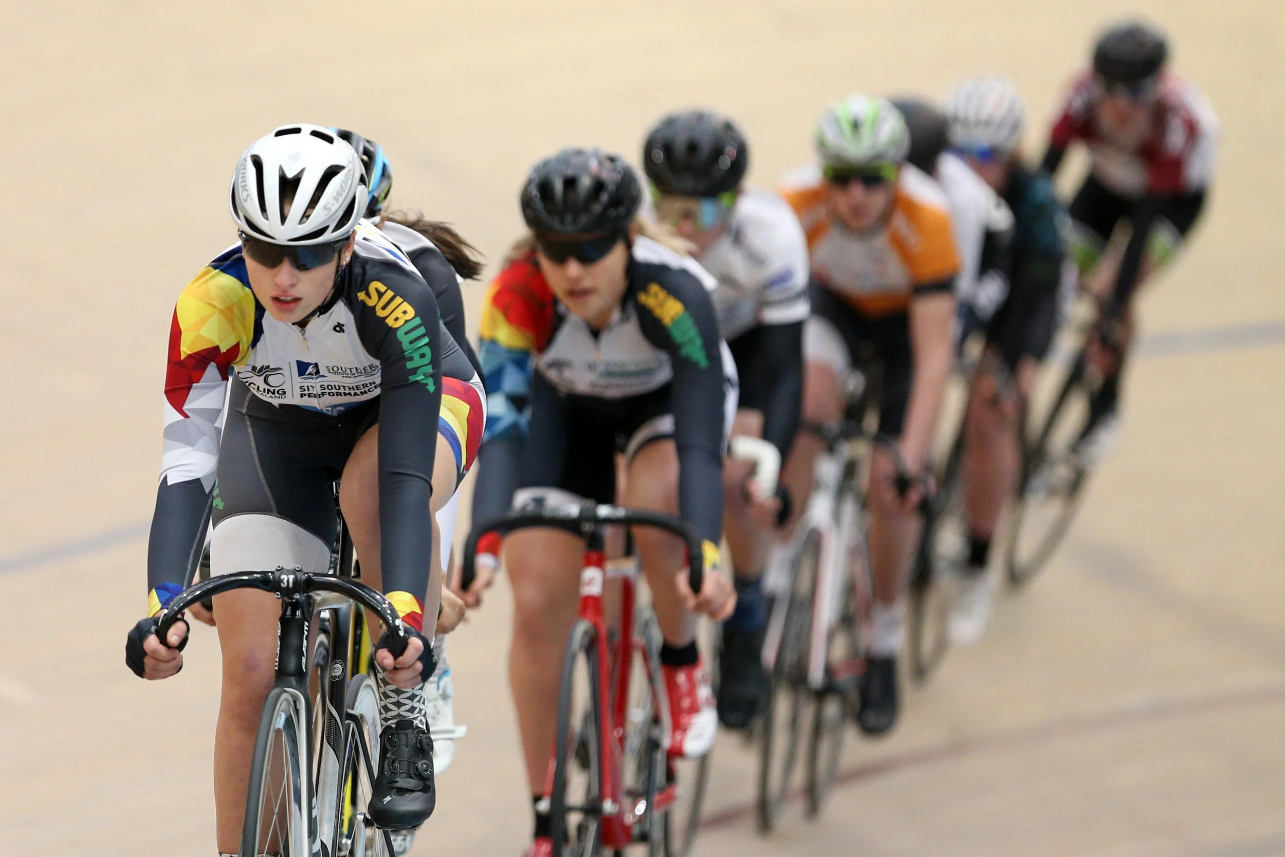 Photo: Young riders in action at the first of three rounds of the new Subway National Track Cycling Series in Invercargill. Pic: Dianne Manson