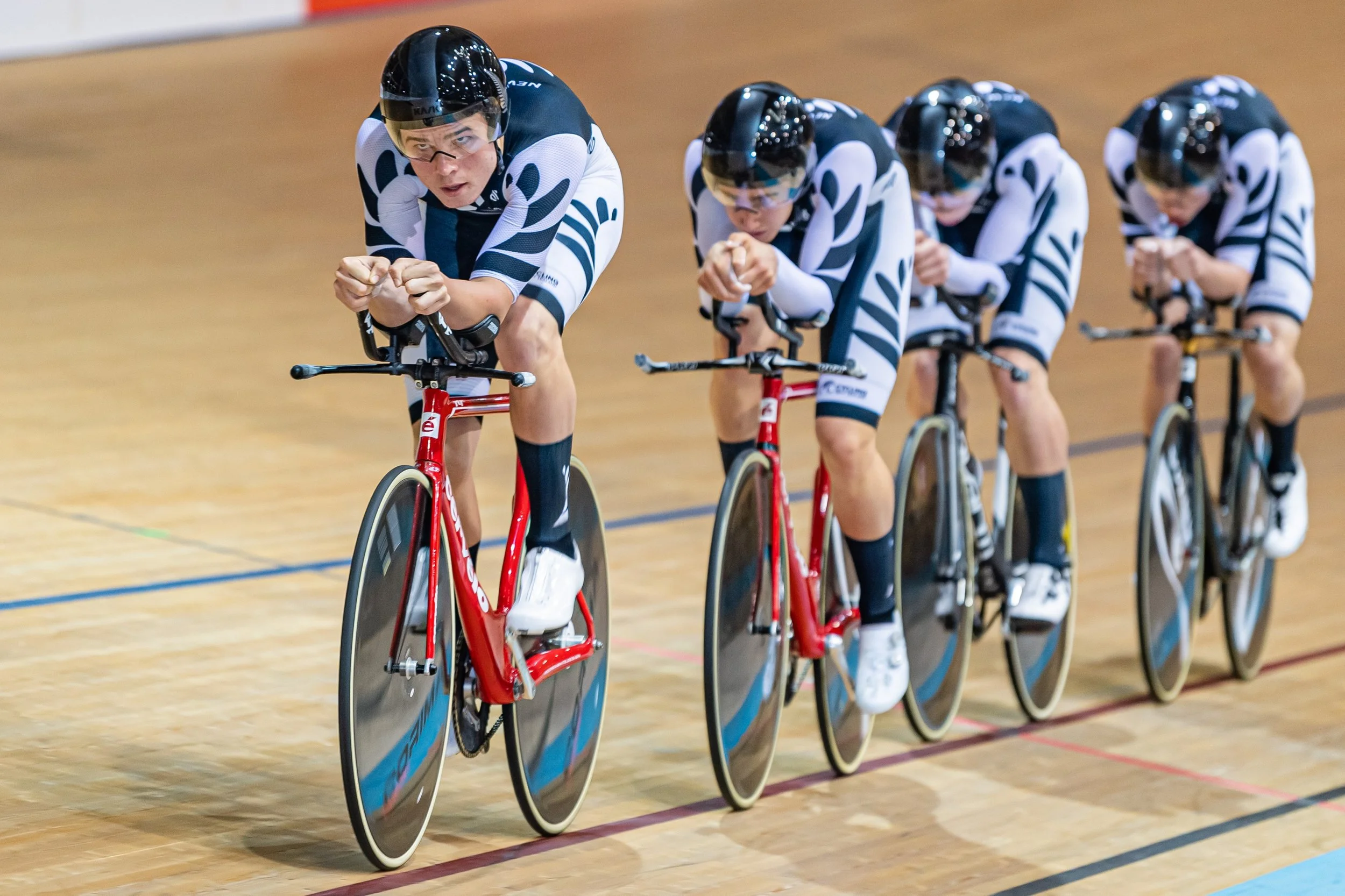 Photo: Lachie Dickson leads the New Zealand men’s team pursuit. Pic: Guy Swarbrick