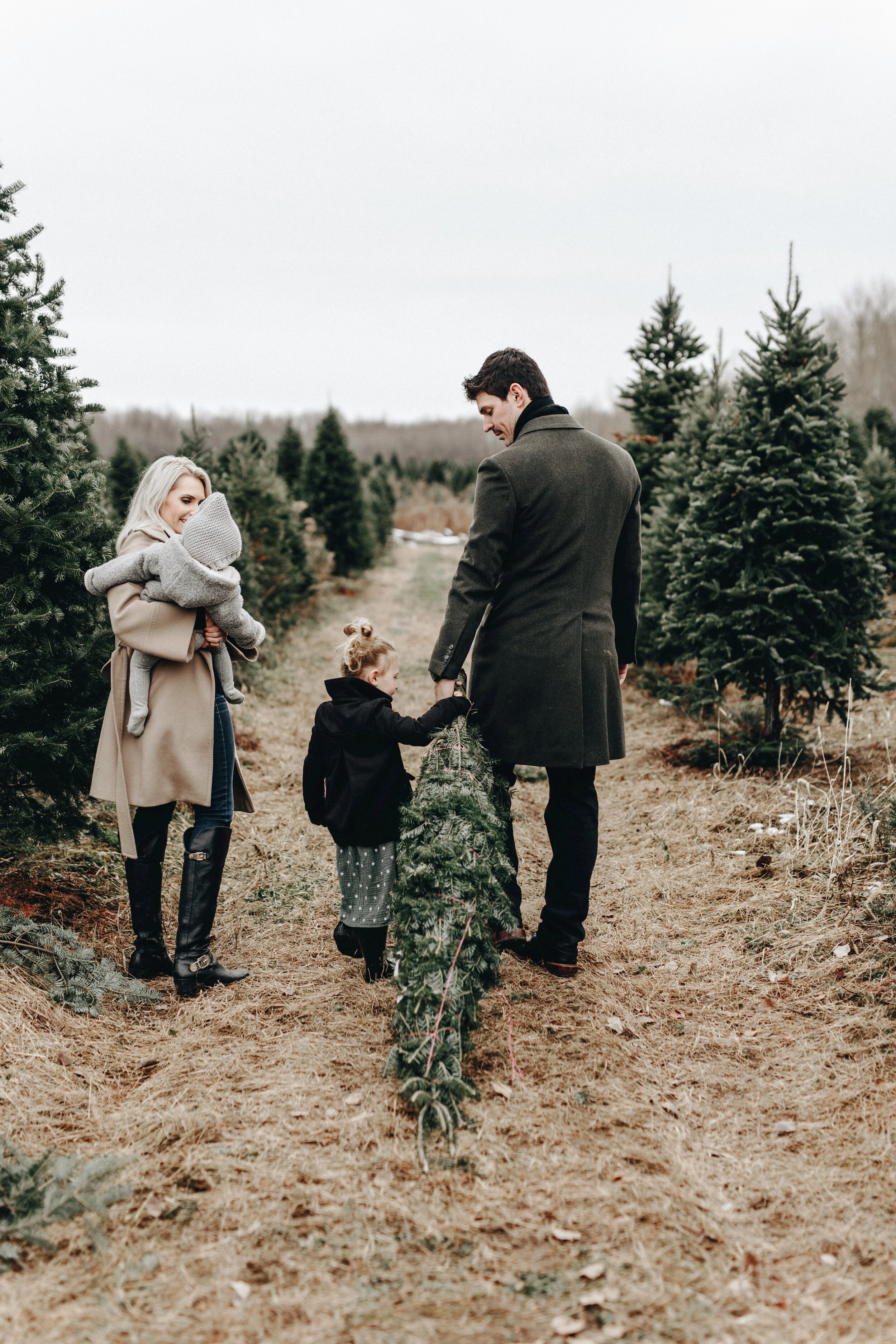 the price family walking with their christmas tree