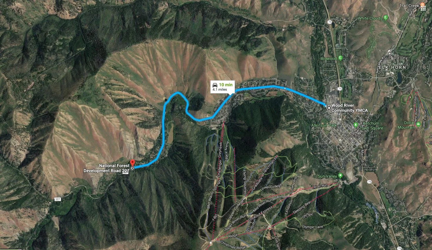  The route along Warm Springs Road starting at the YMCA in Ketchum until the pavement on Warm Springs Road ends (NOT the Baser's’ house). The Basers’ house is 5 miles past this. There is a good turn out for parking a number of cars right where the pa