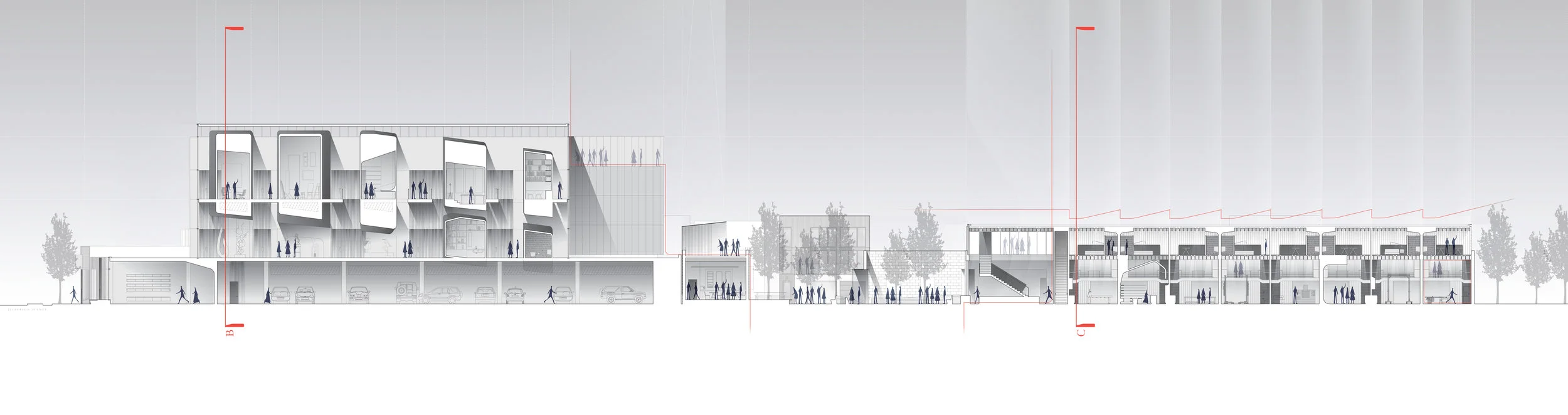  Section Looking West :: Mixed-Use, Plaza &amp; Adaptive Reuse  