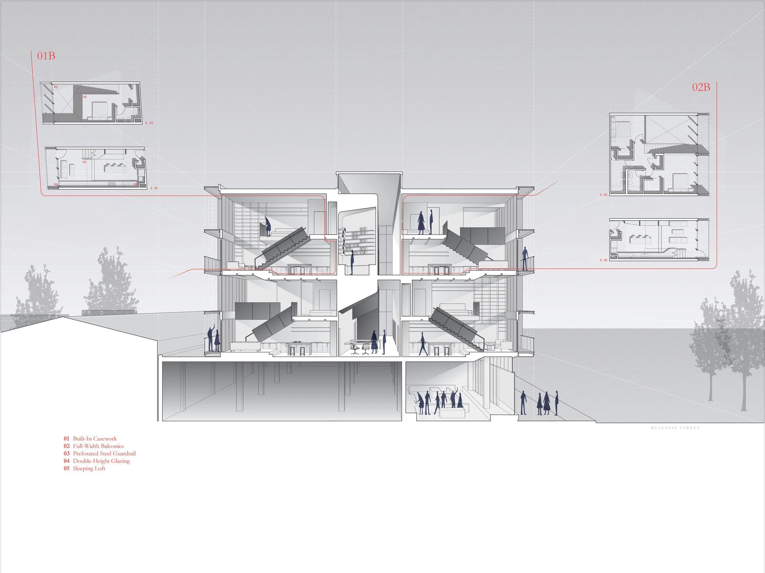   Section Looking North &amp; Unit Plans :: Mixed-Use Retail Residential  