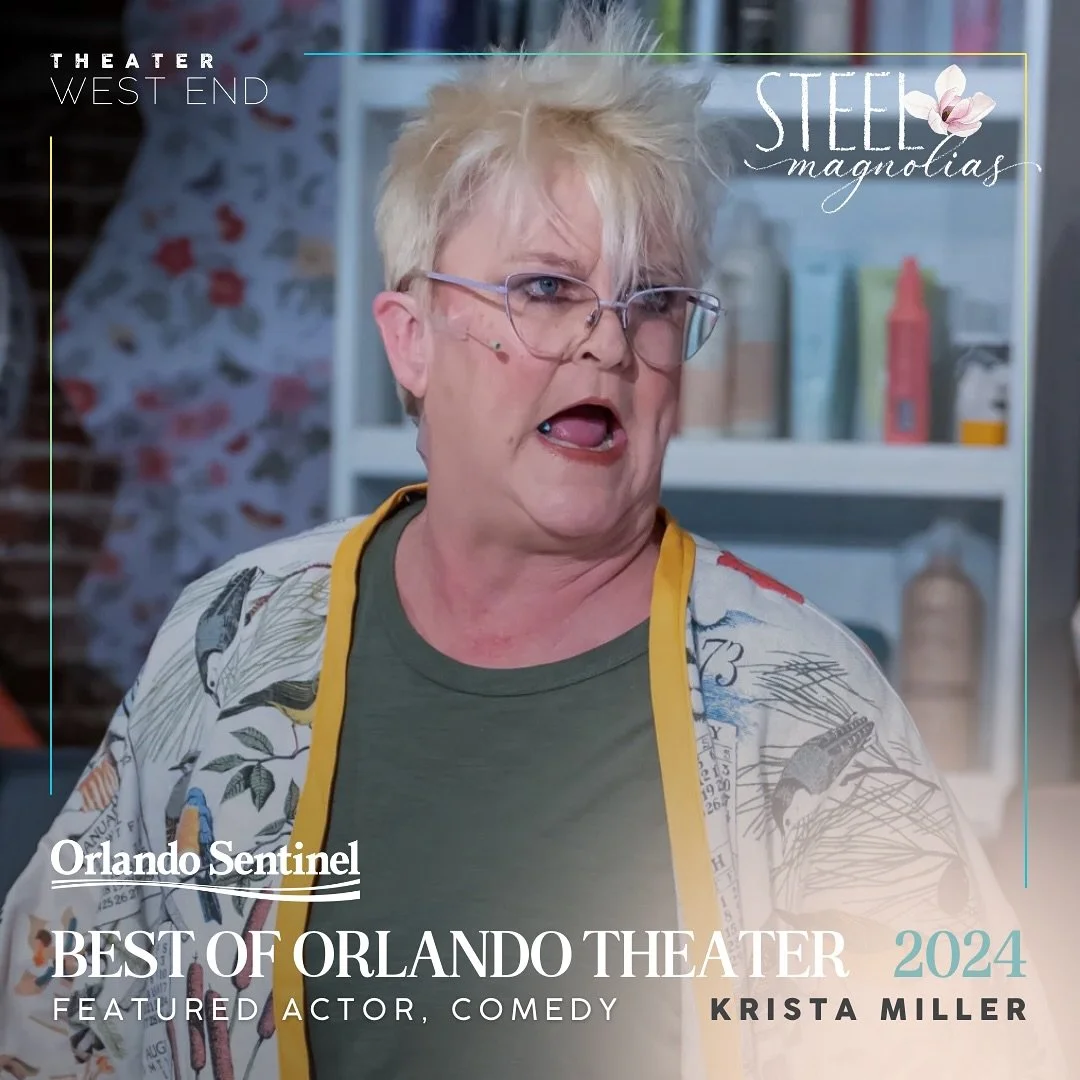 Close-up of a woman with short, wild blonde hair, glasses, and light skin, speaking in front of a bookshelf and floral curtain, on a poster for the Orlando Sentinel's Best of Orlando Theater 2024, featuring actress Krista Miller.