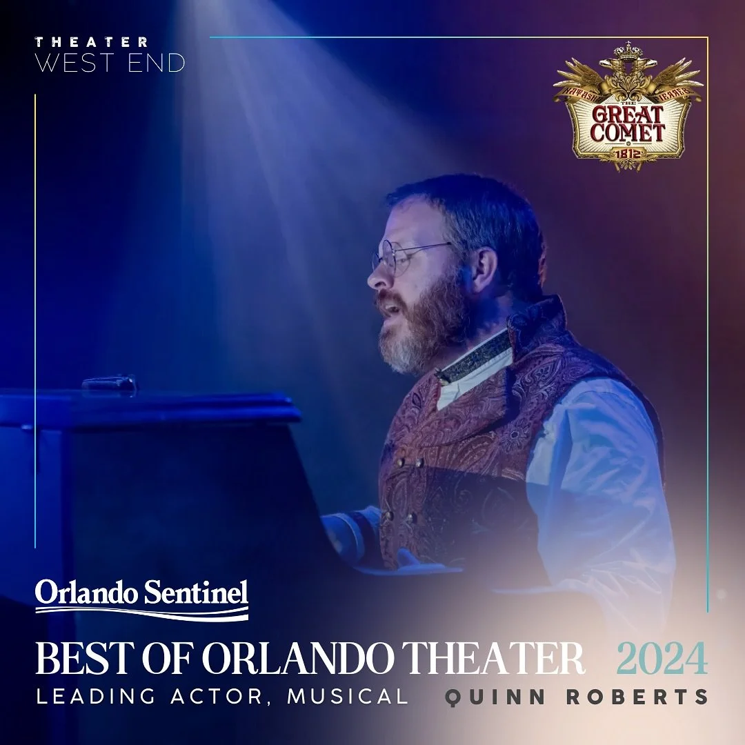 Man with glasses and beard playing piano on stage, lit with blue and purple lighting, promoting the Orlando Sentinel's 2024 Best of Orlando Theater, featuring musical and leading actor Quinn Roberts.