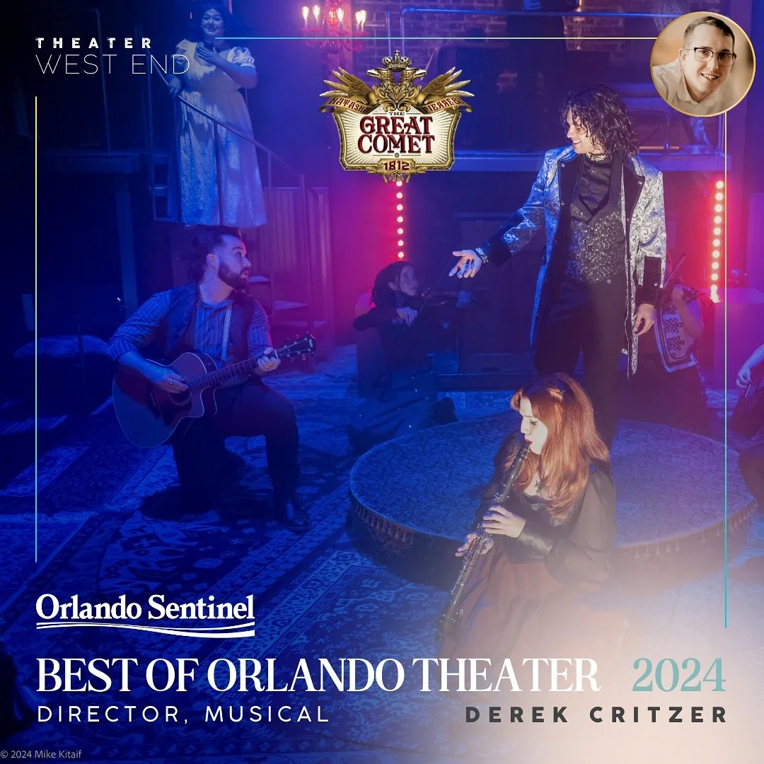 Promotional poster for the Orlando Sentinel's Best of Orlando Theater 2024, featuring a scene from the musical "The Great Comet" with performers on stage, including a woman in a white dress on a balcony, a man playing guitar, a woman with curly hair, and another woman playing a wind instrument, with colorful stage lights.