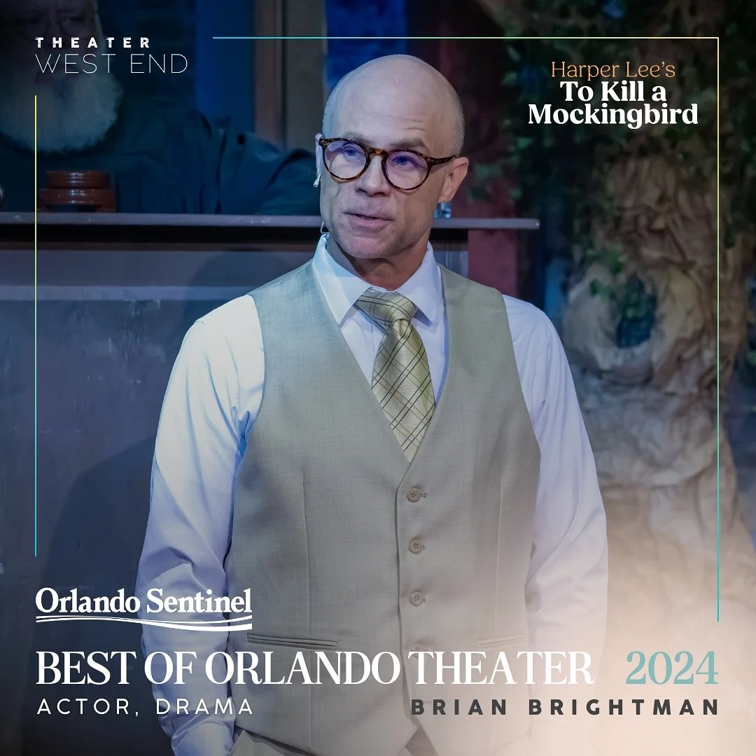 Award certificate or recognition plaque for Orlando Sentinel Best of Orlando Theater 2024, featuring actor Brian Brightman, with a man in a beige vest, white shirt, and glasses.