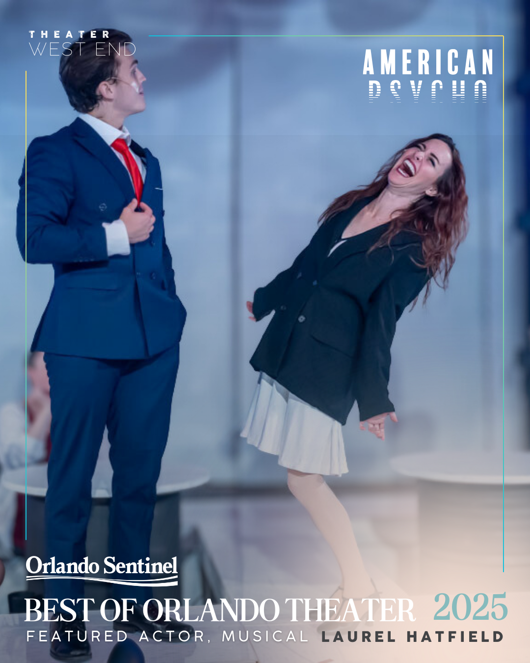 Close-up of a woman with short, wild blonde hair, glasses, and light skin, speaking in front of a bookshelf and floral curtain, on a poster for the Orlando Sentinel's Best of Orlando Theater 2024, featuring actress Krista Miller.