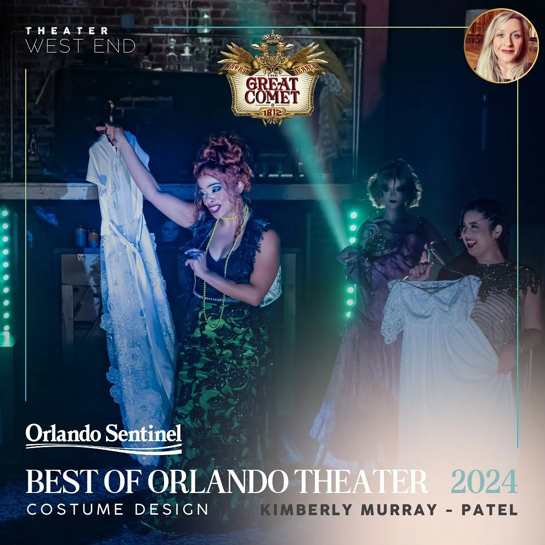Women on stage wearing vintage costumes, with one woman holding a white dress and talking, under theater lighting at Orlando Sentinel's Best of Orlando Theater 2024 event.