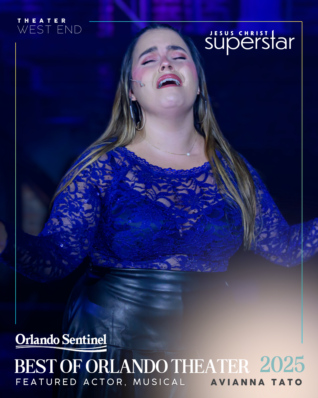 Man with glasses and beard playing piano on stage, lit with blue and purple lighting, promoting the Orlando Sentinel's 2024 Best of Orlando Theater, featuring musical and leading actor Quinn Roberts.